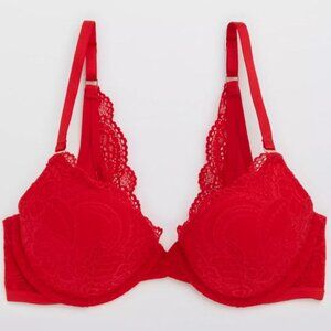 Aerie Red Real Power Plunge Push Up Slumber Party Lace Bra Size 32D